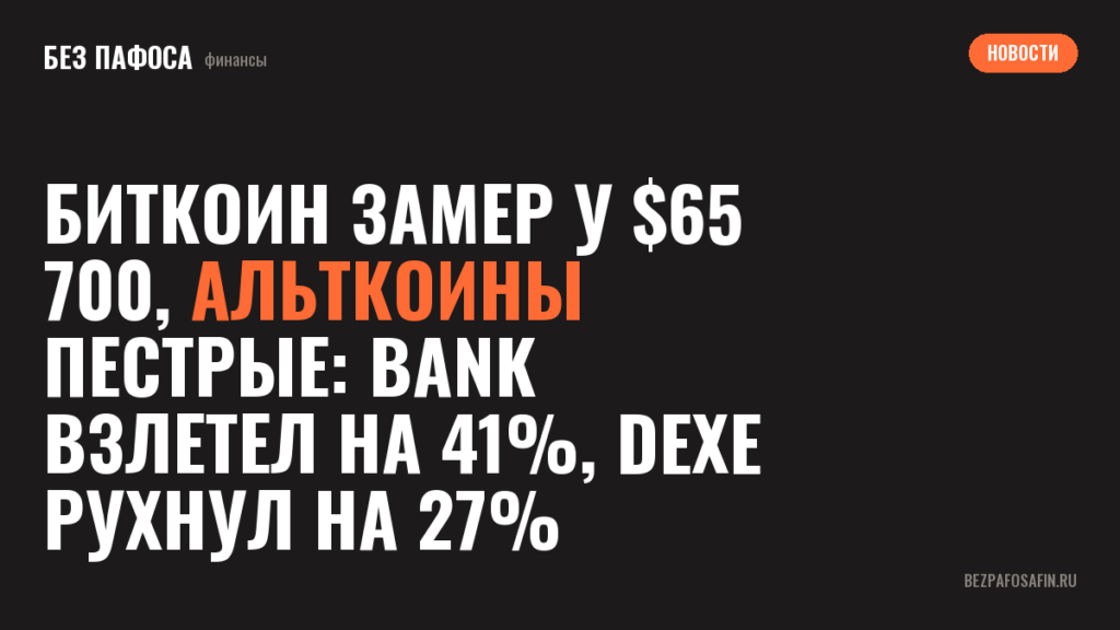Биткоин замер у $65 700, альткоины пестрые: BANK взлетел на 41%, DEXE рухнул на 27%