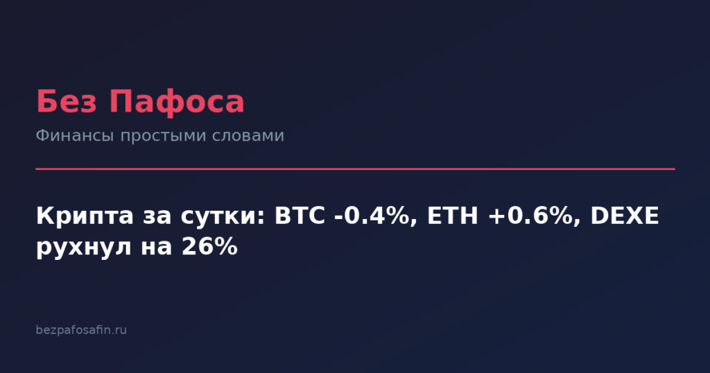 Крипта за сутки: BTC -0.4%, ETH +0.6%, DEXE рухнул на 26%